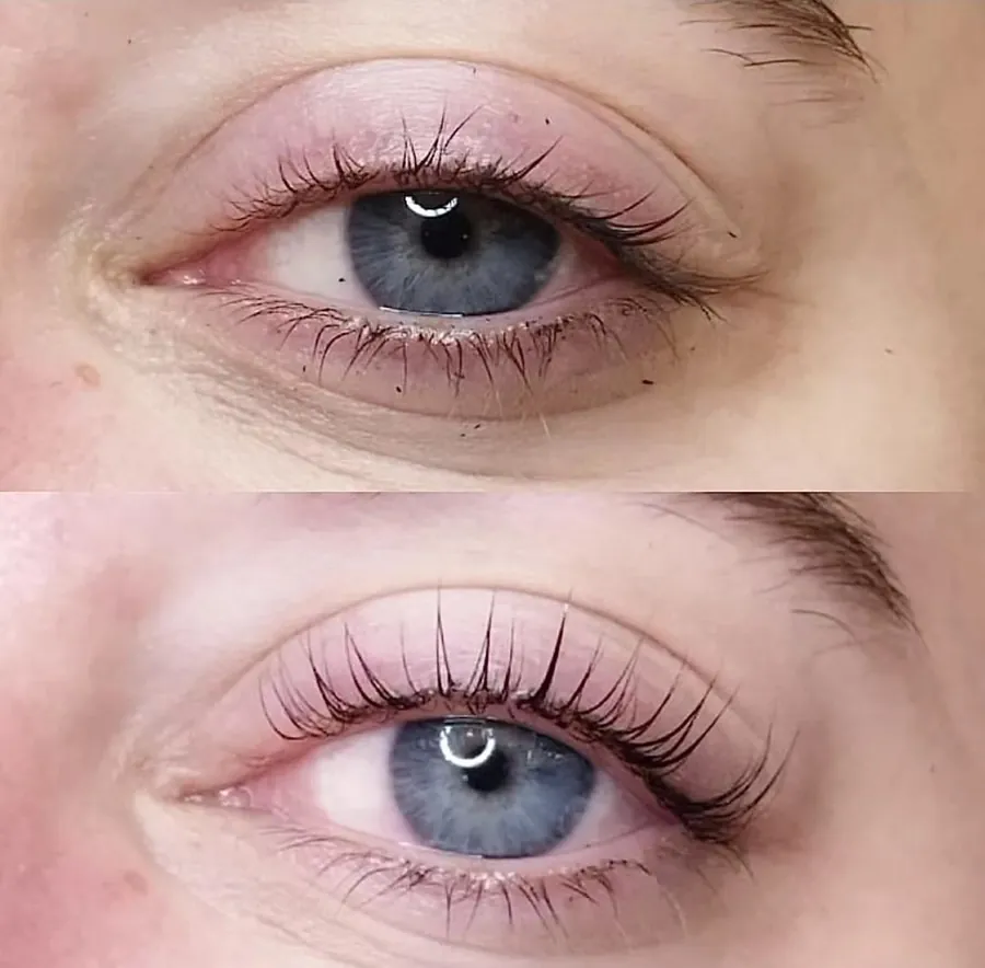 Samma öga före (överst) och efter (nederst) lash lift hos Mali Beauty Lounge